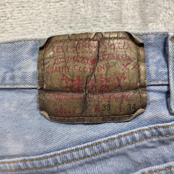 Levis 501 Jeans Mens 33x34 Light Wash Blue Button Fly Straight Leg Paint Stains - Picture 6 of 13